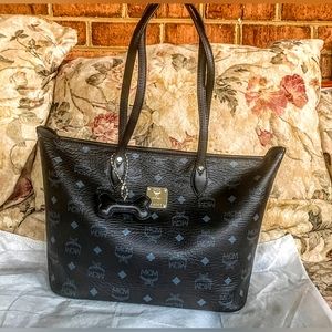 MCM Black Visetos Leather Zip-Top Tote Bag with MCM Bag Charm